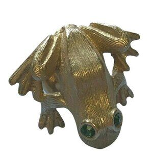 2/$30  Avon Frog Gold Tone Tie Tack Lapel Pin Green Eyes Faux Gemstones Brooch E